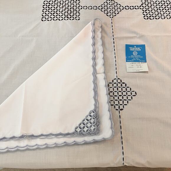 Vintage 9 Piece Blue Eyelet Embroidered Tablecloth Napkin Peacock Creation 72x90 - Picture 3 of 7